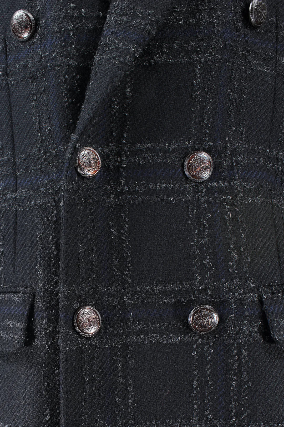 Cappotto doppiopetto in lana mohair nera a quadri bottoni