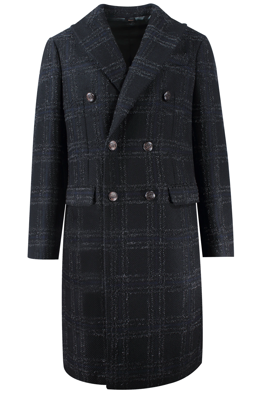 Cappotto doppiopetto in lana mohair nera a quadri