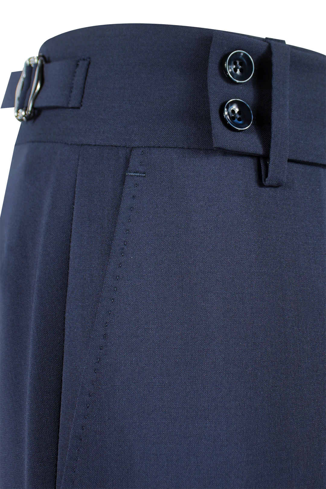 Pantalone con cinta e fibbie laterali in lana blu lato