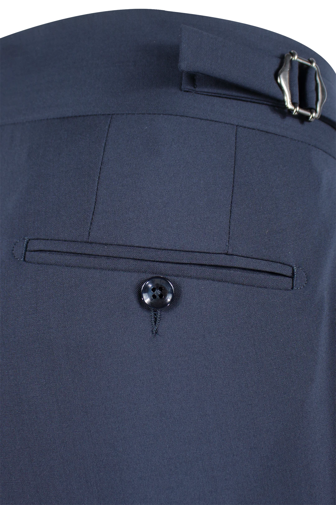 Pantalone con cinta e fibbie laterali in lana blu tasca