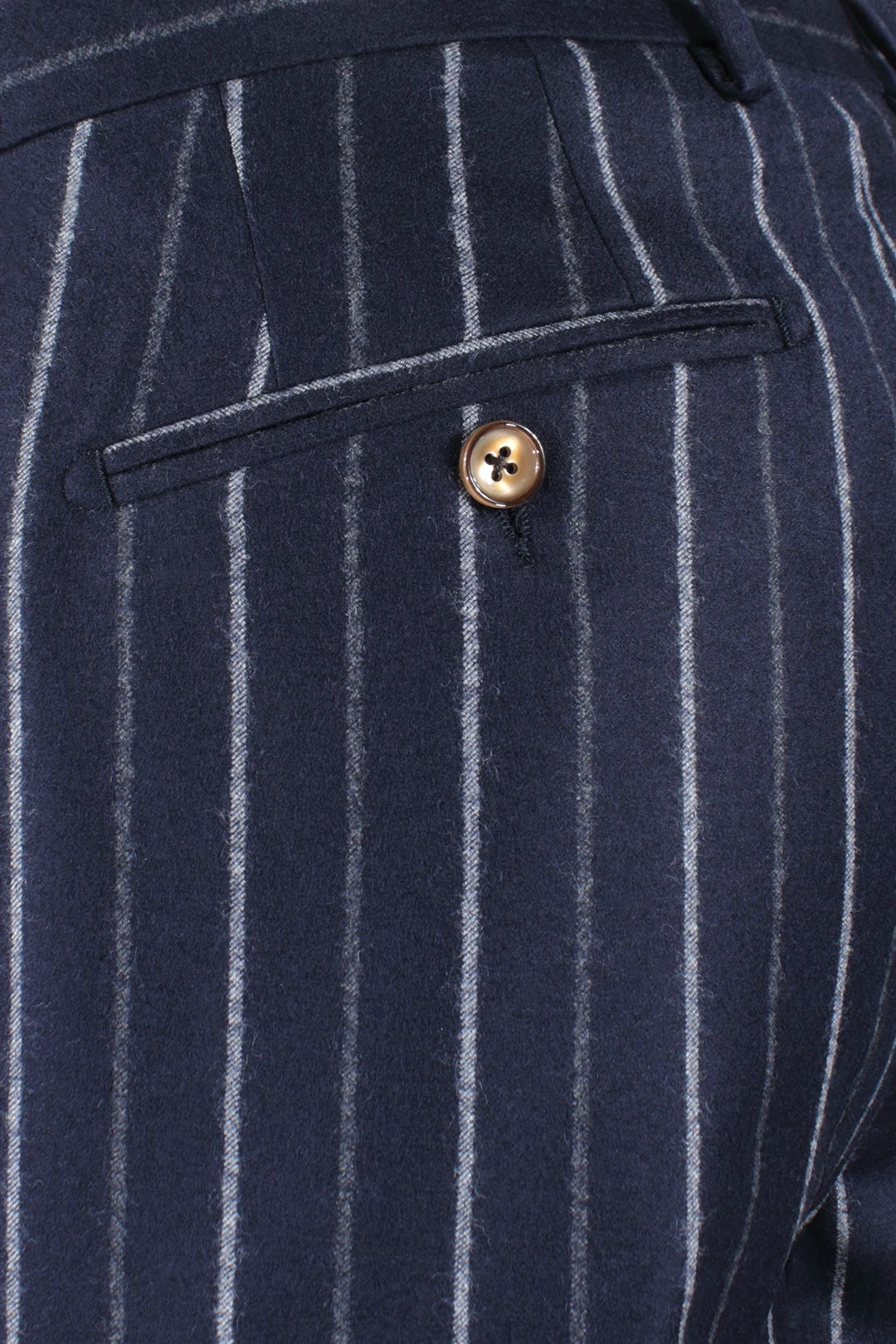 Pantalone con pince in flanella blu gessata taschino