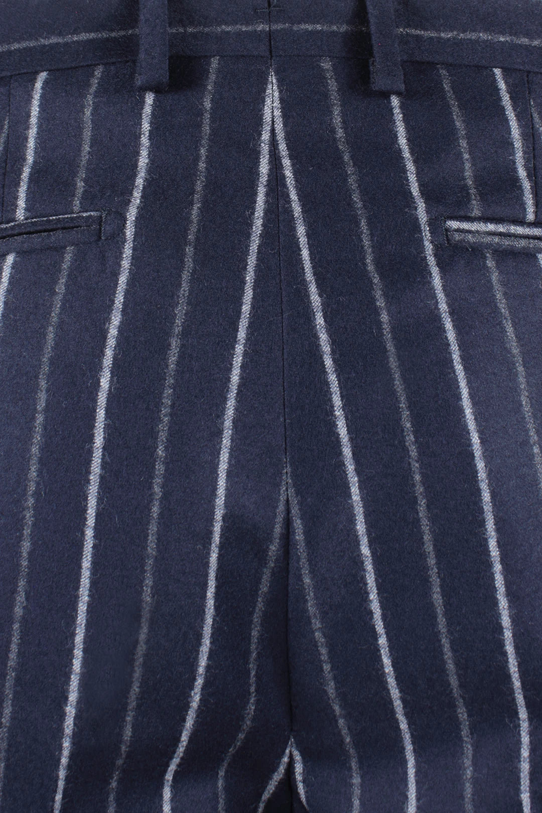 Pantalone con pince in flanella blu gessata tessuto