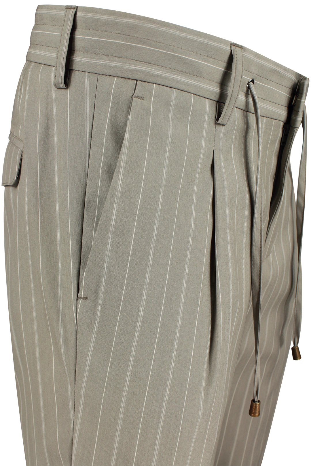 Pantalone con pince e coulisse in lana gessata grigio tortora lato