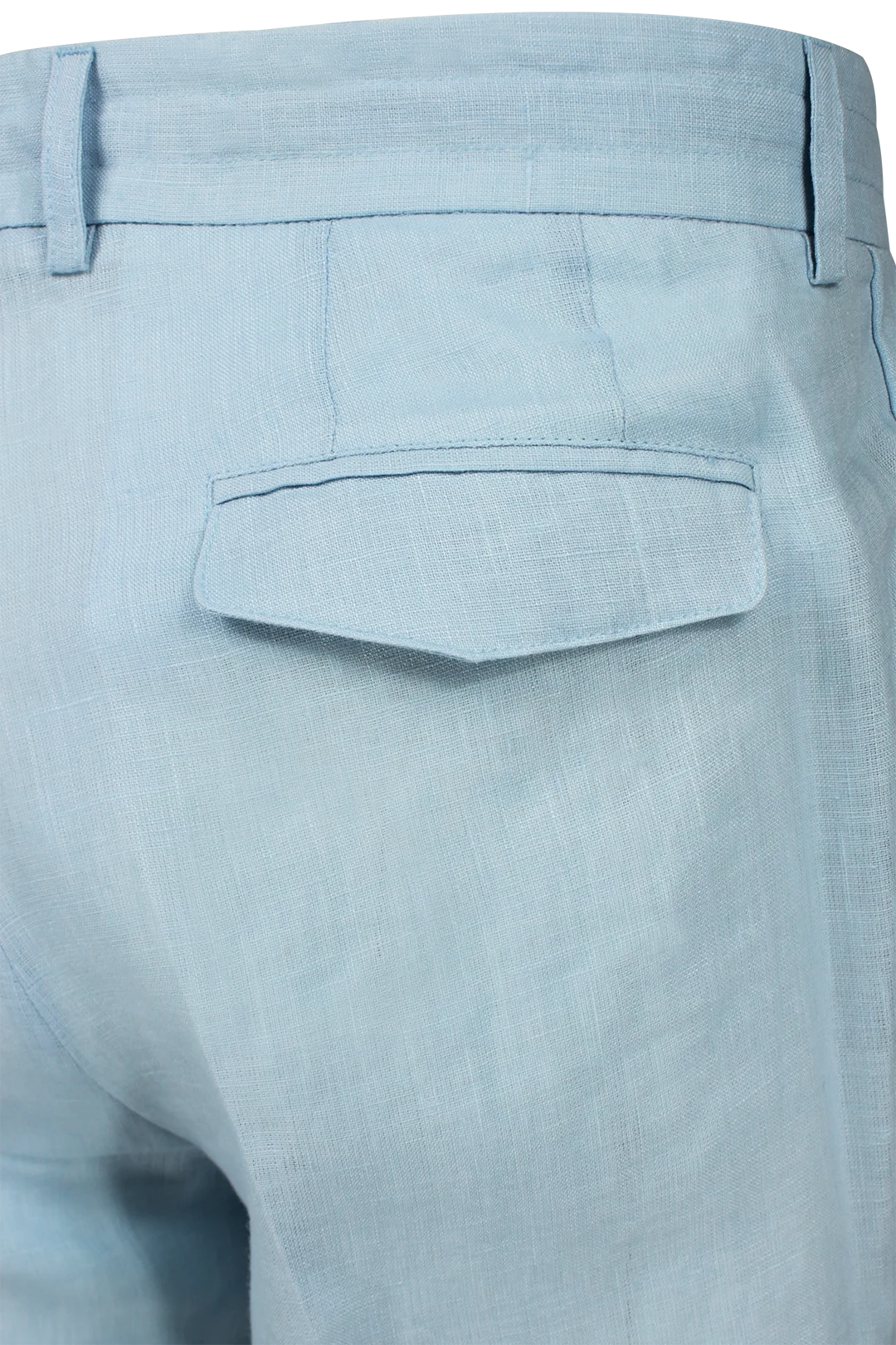 Pantalone con due pince e coulisse in lino celeste tasca