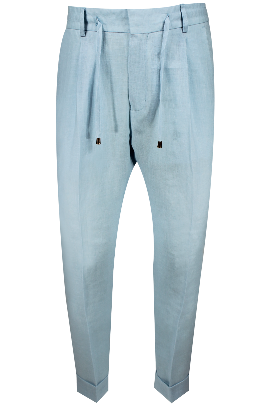 Pantalone con due pince e coulisse in lino celeste