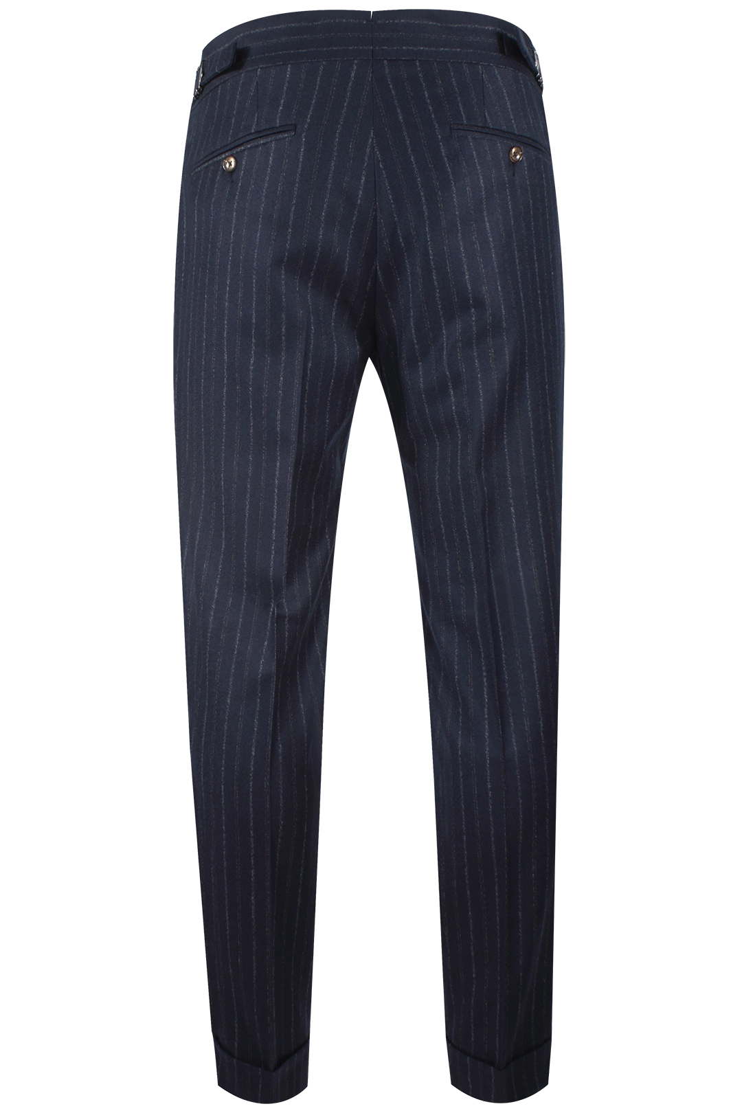 Pantalone con due pince e fibbie laterali in lana blu gessata retro