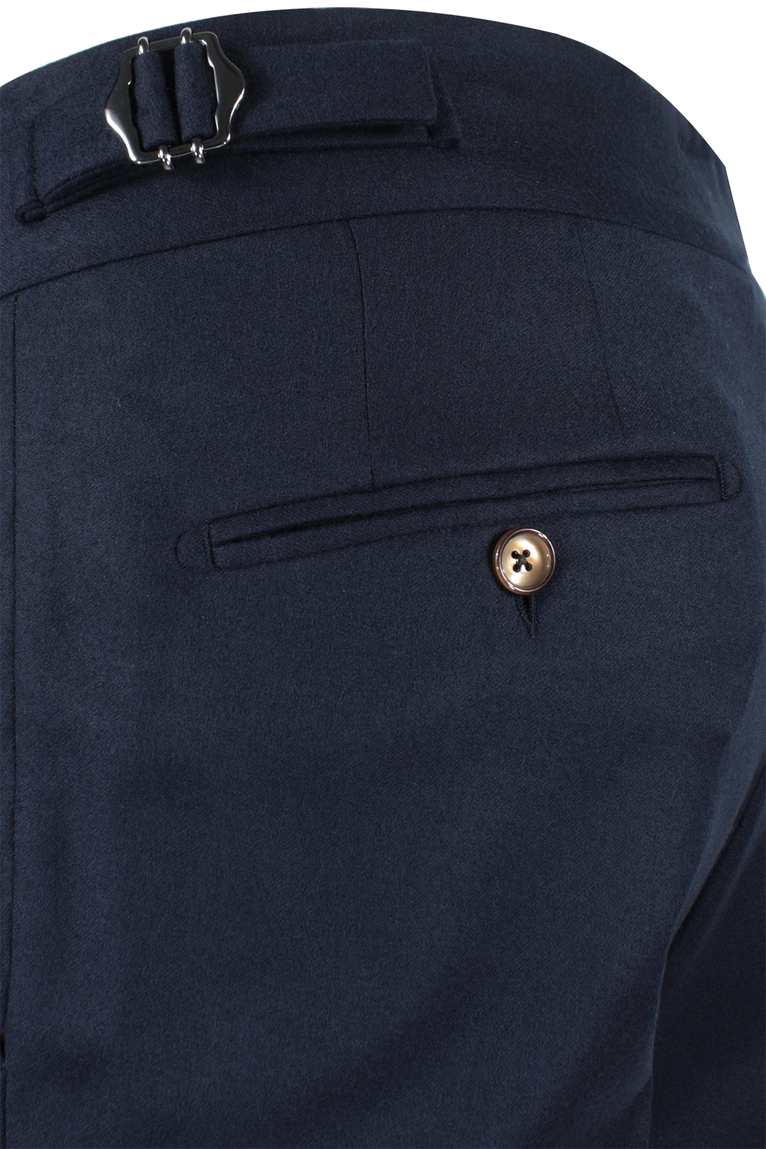 Pantalone con due pince e fibbie laterali in lana blu taschino