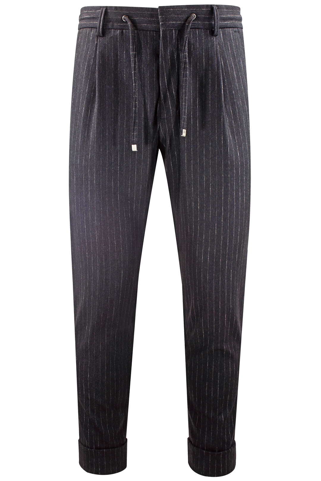 Pantalone con pince e coulisse in jersey blu gessato