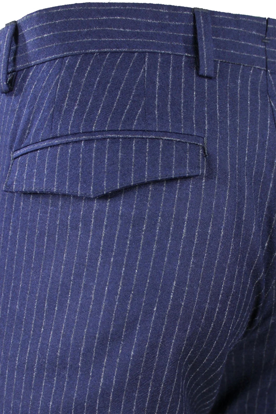 Pantalone con pince in lana blu gessata taschino