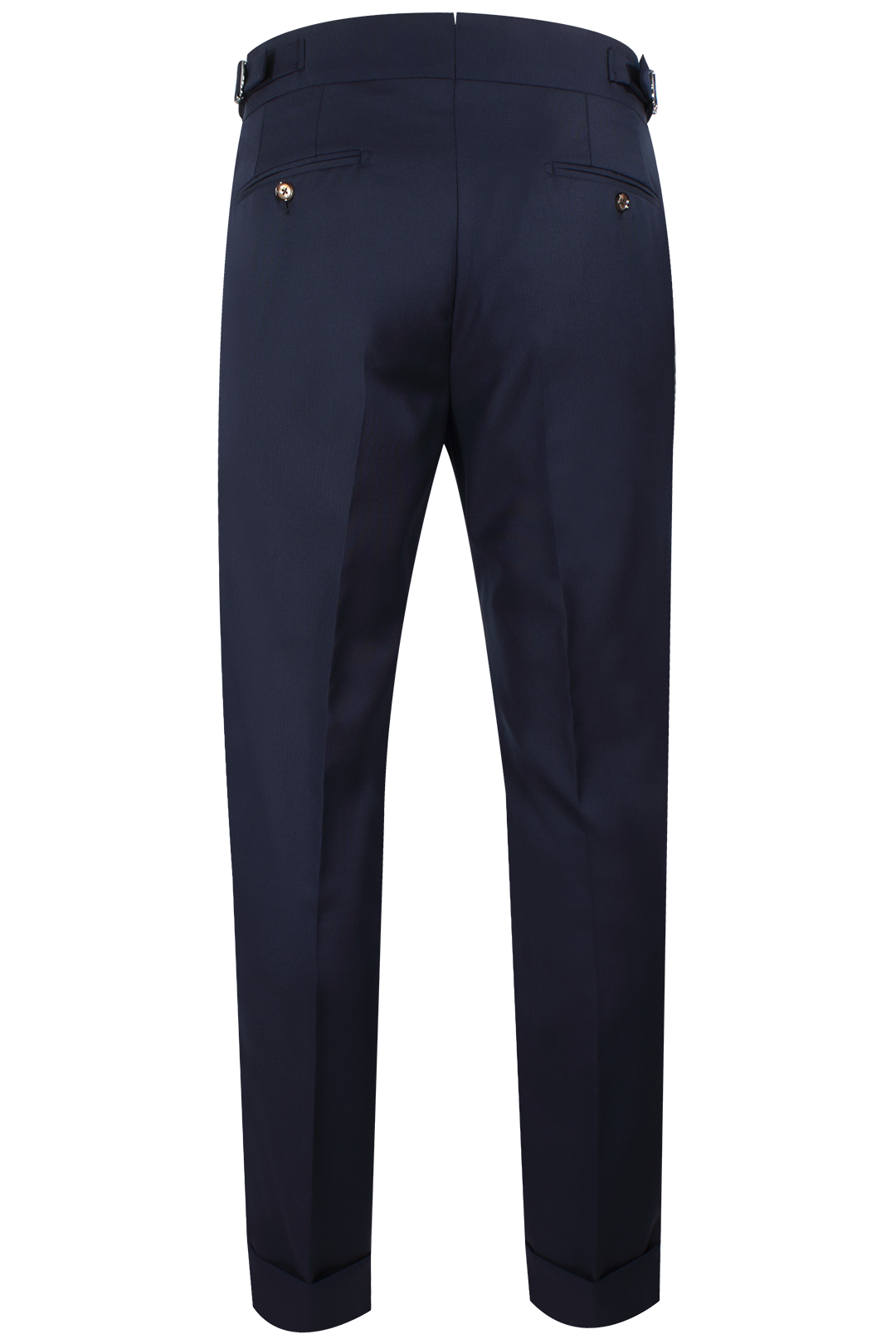 Pantalone con due pince e fibbie laterali in lana blu notte retro
