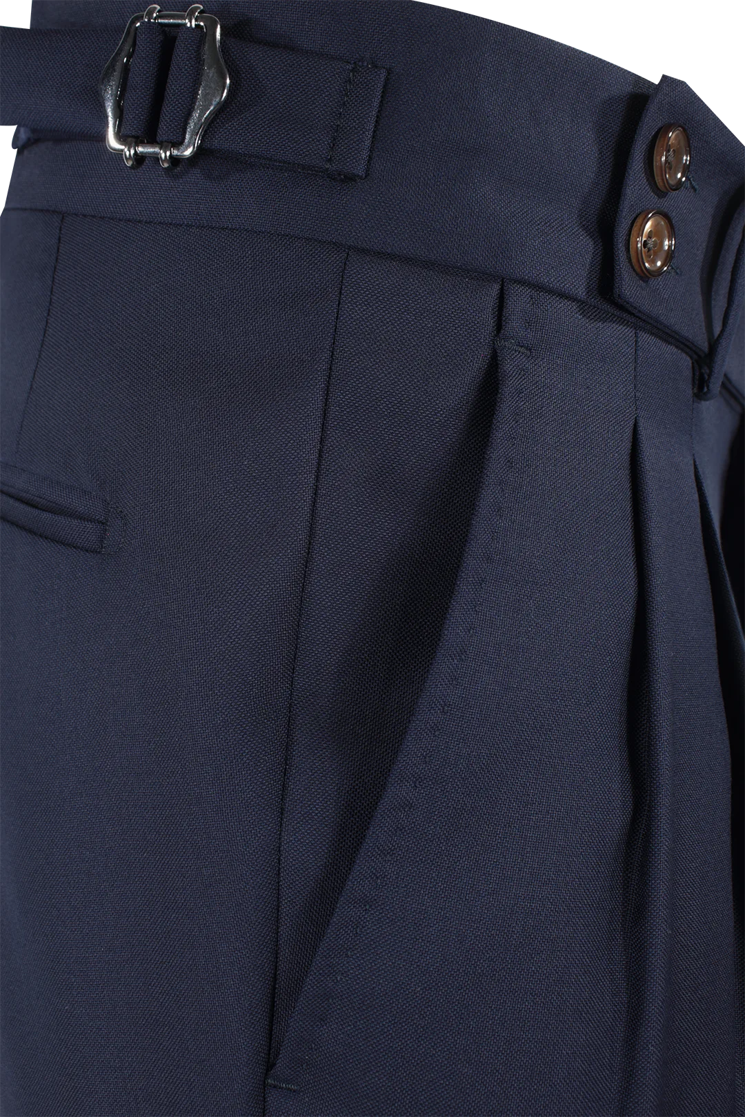Pantalone con due pince e fibbie laterali in lana blu notte tasca