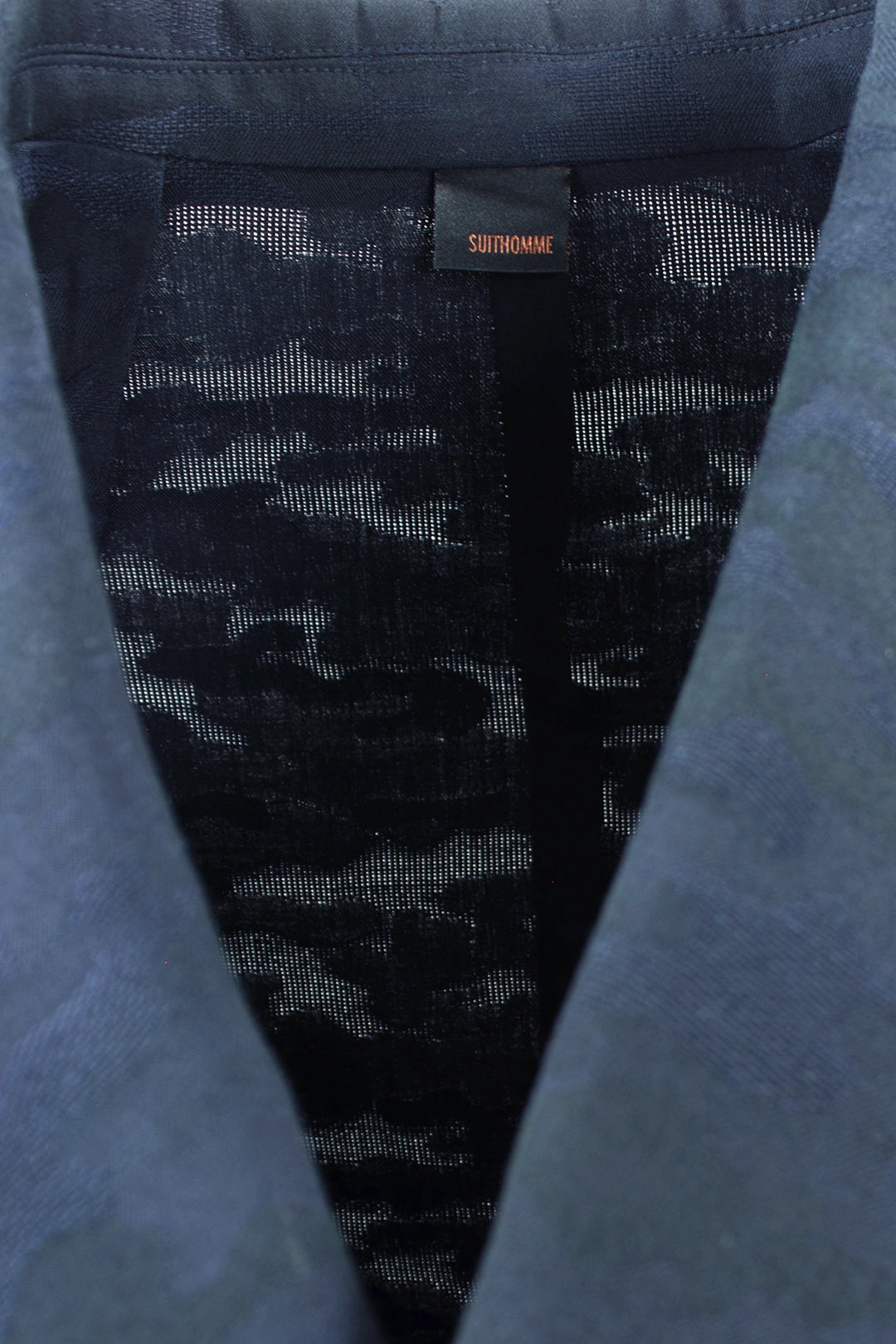 Giacca doppiopetto in lana camouflage blu etichetta