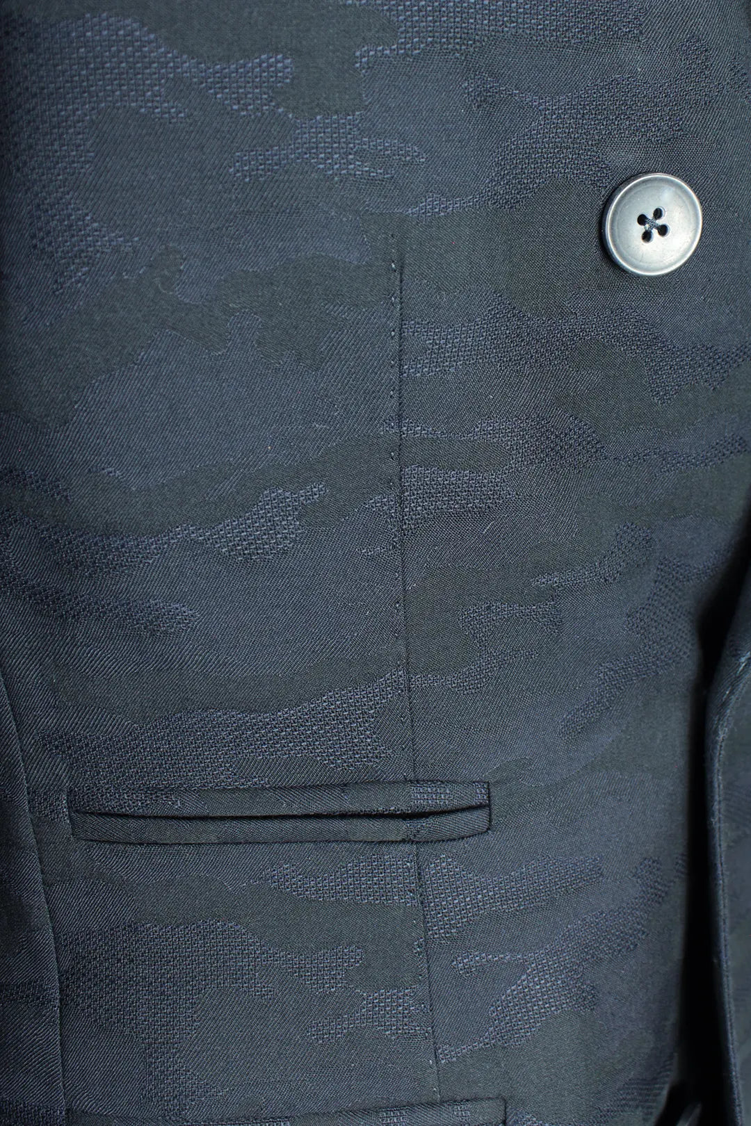 Giacca doppiopetto in lana camouflage blu filetti