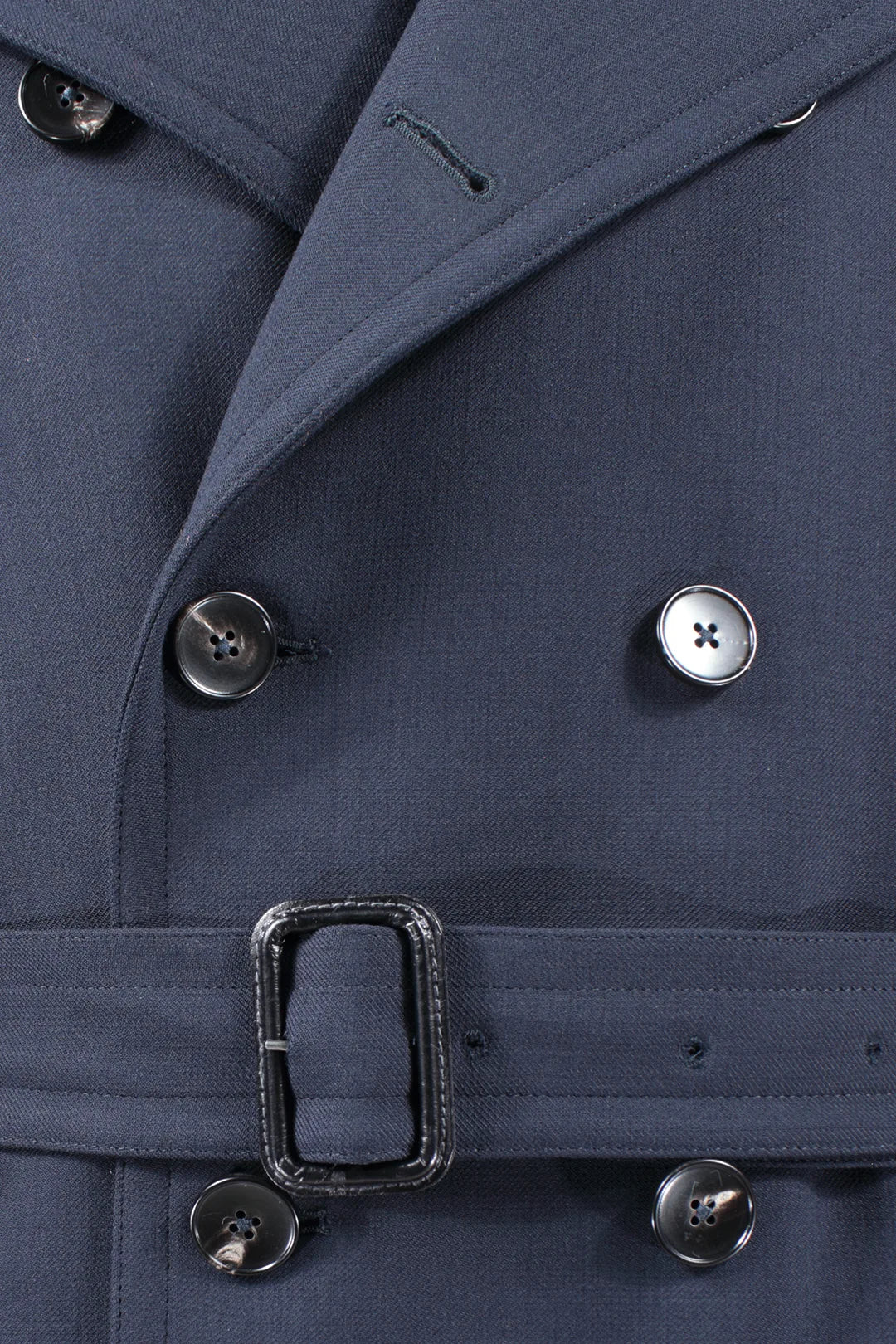 Cappotto doppiopetto con cintura in lana blu bottoni