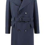 Cappotto doppiopetto con cintura in lana blu