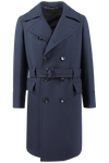 Cappotto doppiopetto con cintura in lana blu