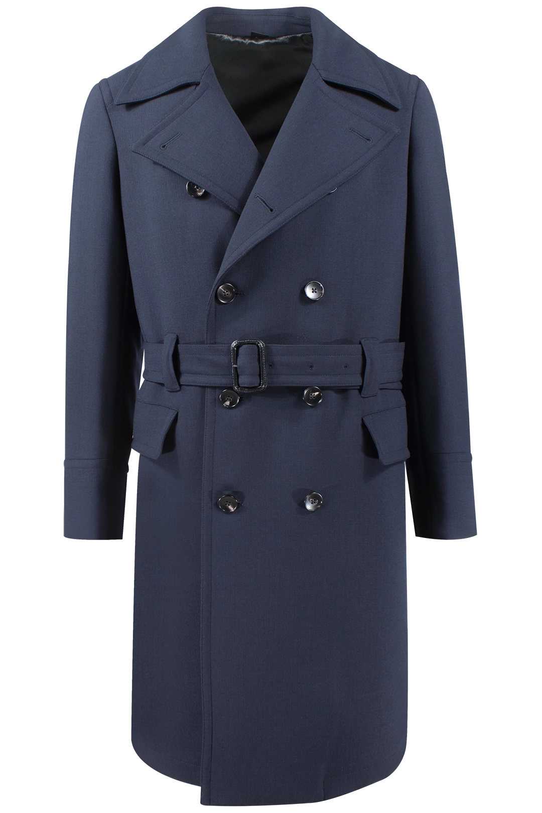 Cappotto doppiopetto con cintura in lana blu