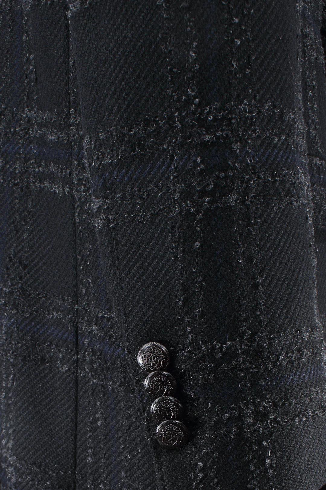 Cappotto doppiopetto in lana mohair nera a quadri manica