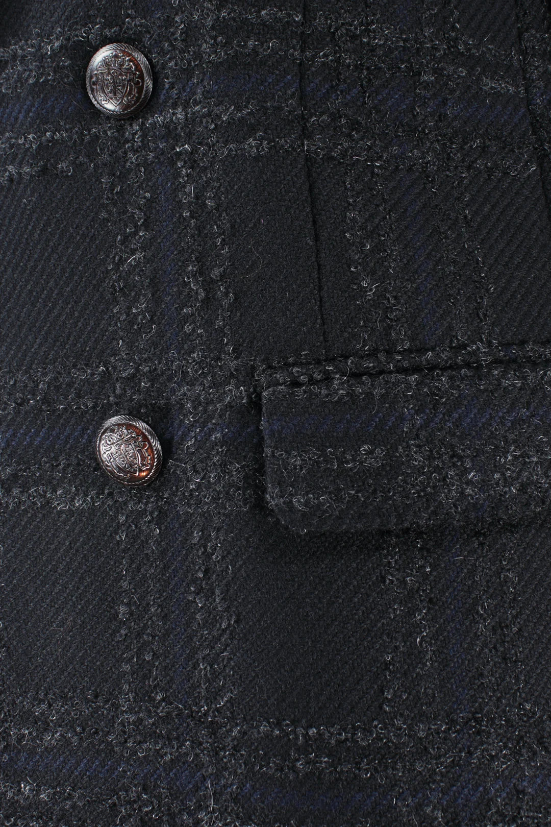 Cappotto doppiopetto in lana mohair nera a quadri tasca