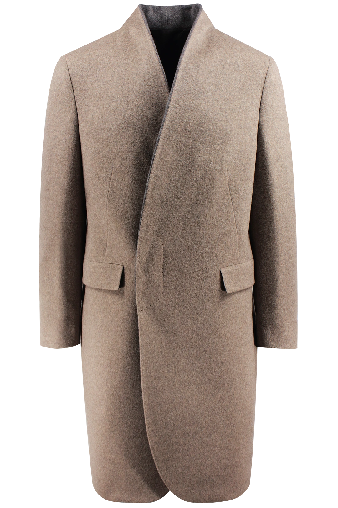 Cappotto sciallato in lana e cashmere tortora avanti