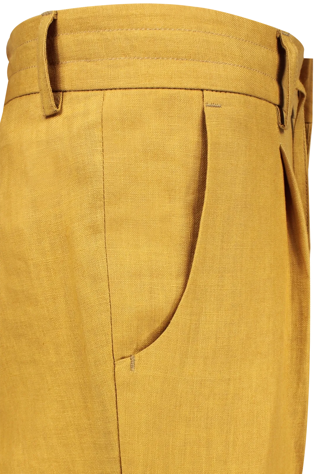 Pantalone con due pince e coulisse in lino senape lato