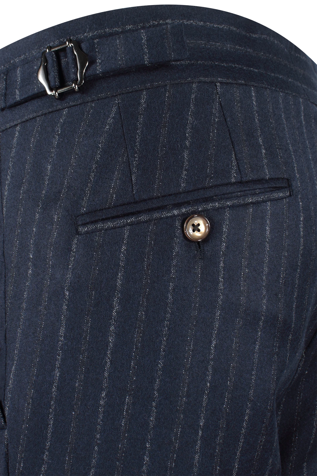 Pantalone con due pince e fibbie laterali in lana blu gessata taschino