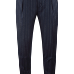 Pantalone con due pince e fibbie laterali in lana blu gessata