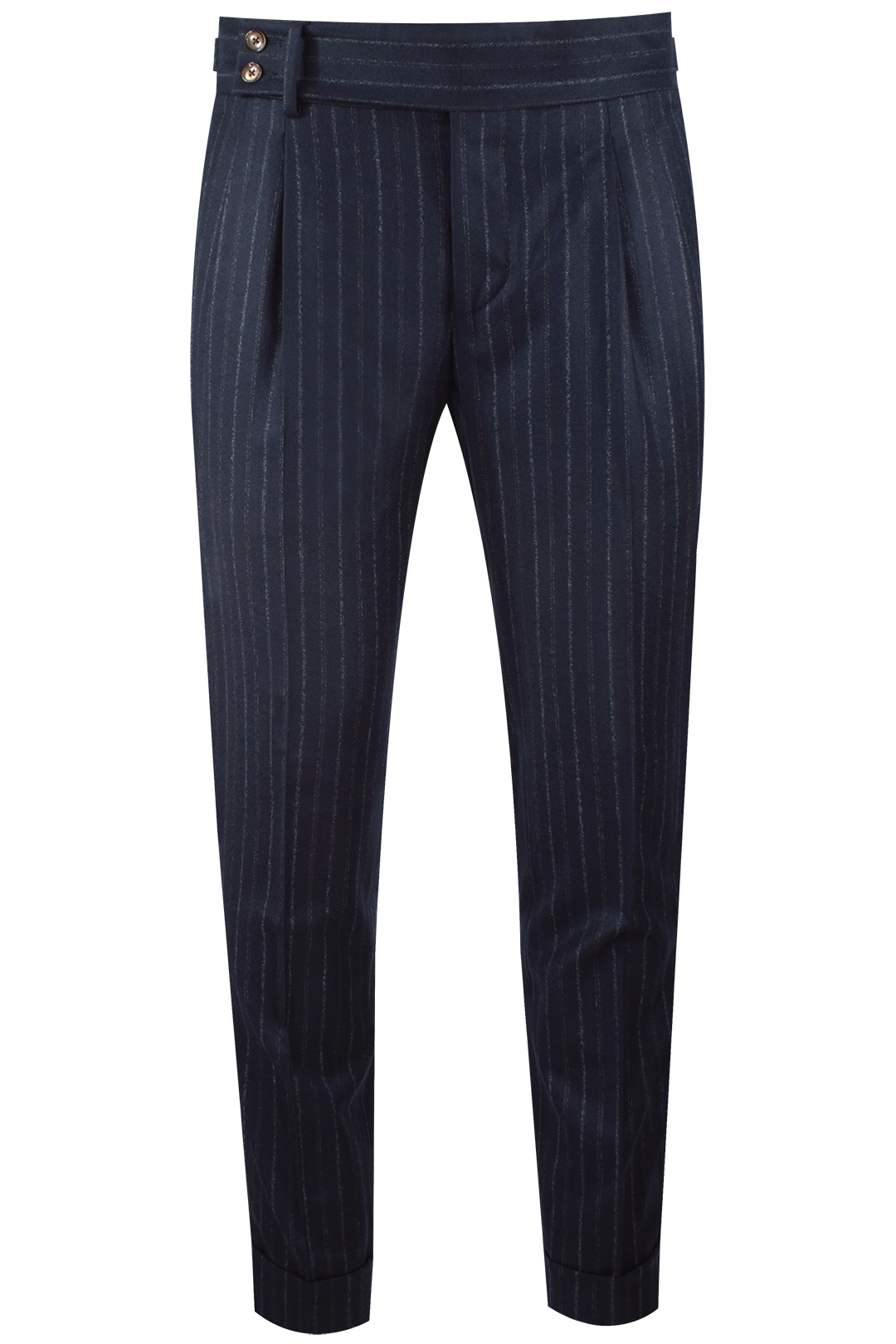 Pantalone con due pince e fibbie laterali in lana blu gessata