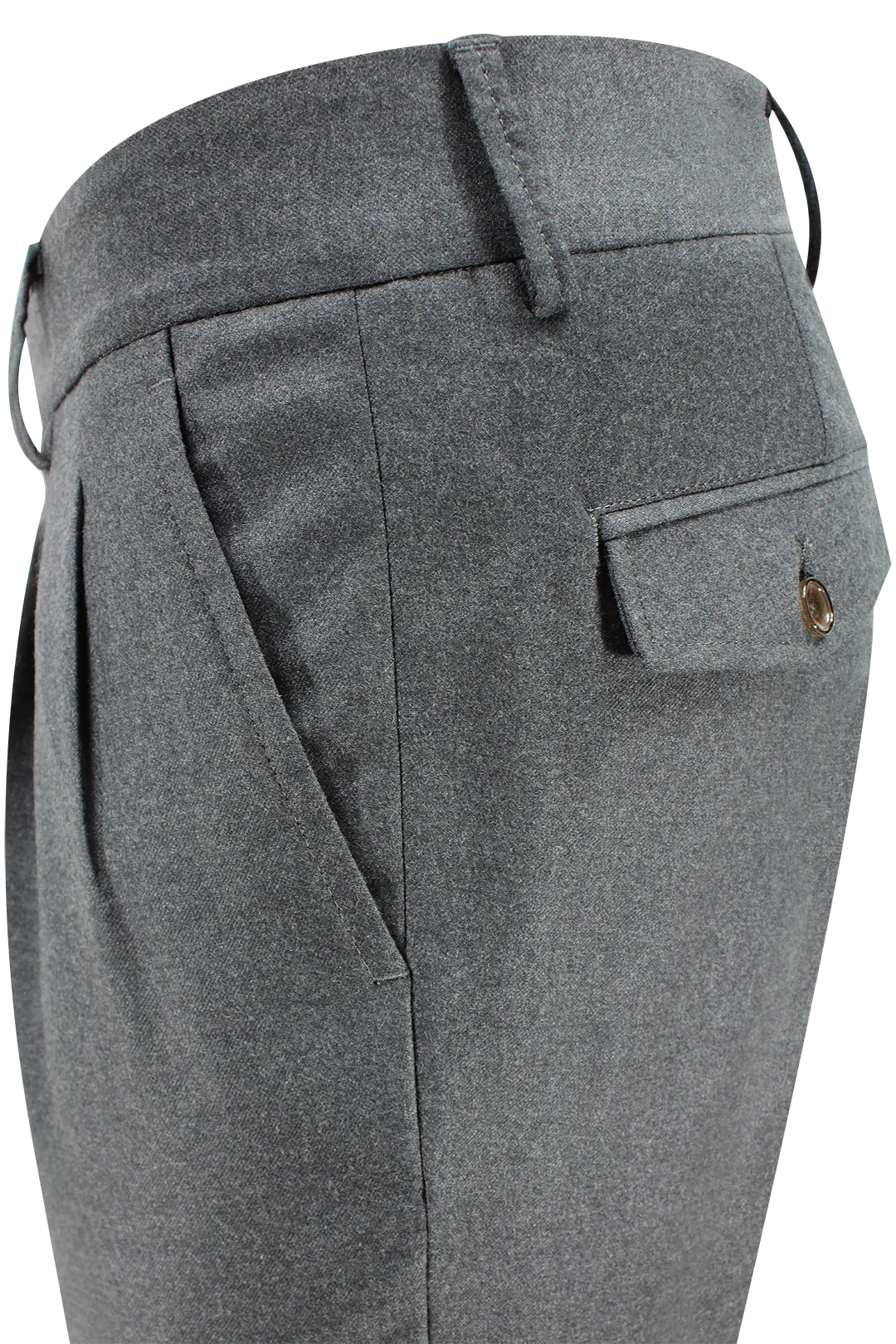Pantalone con due pinces e cinta in lana grigio scuro lato