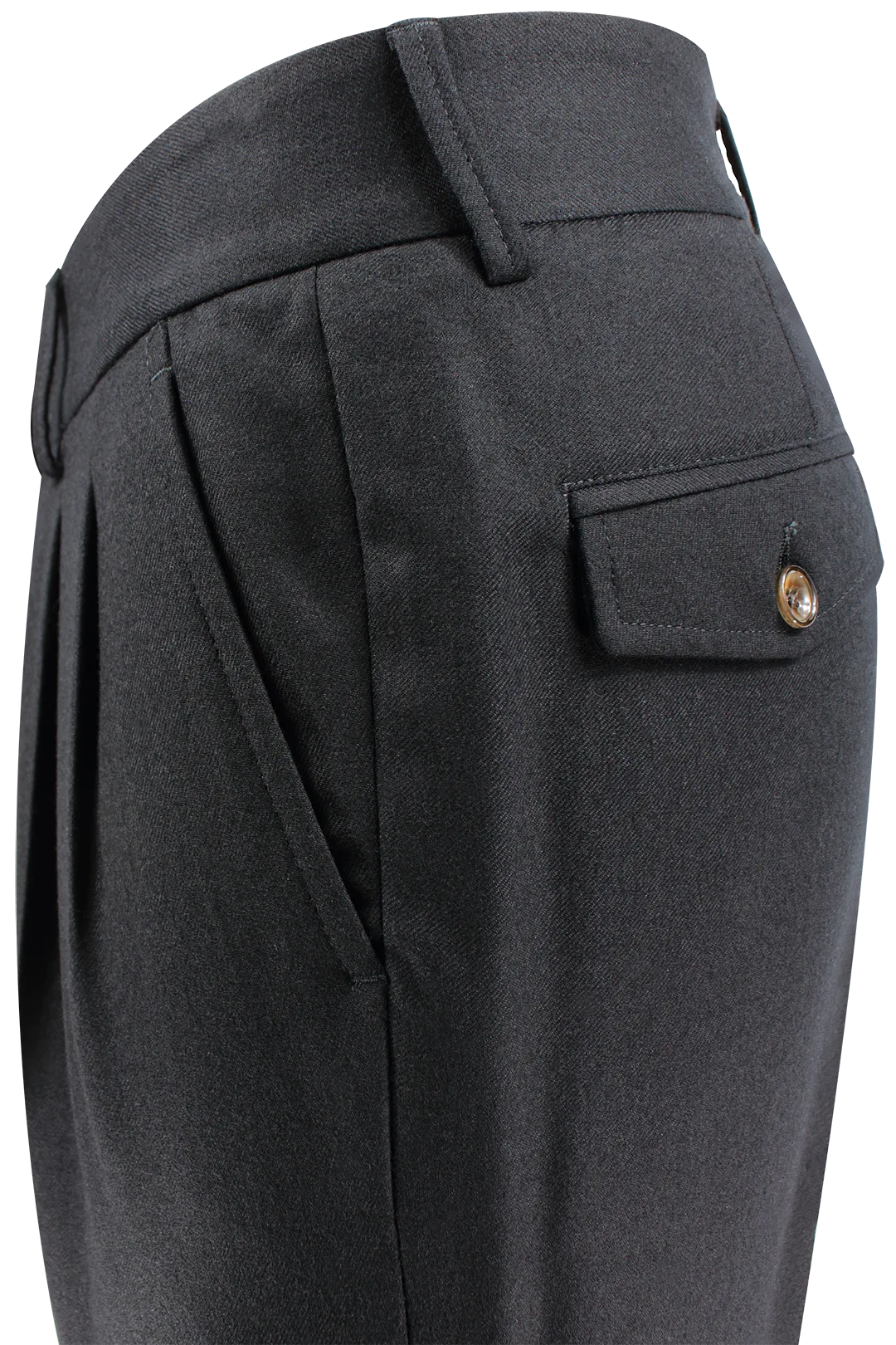 Pantalone con due pinces e cinta in lana nera lato