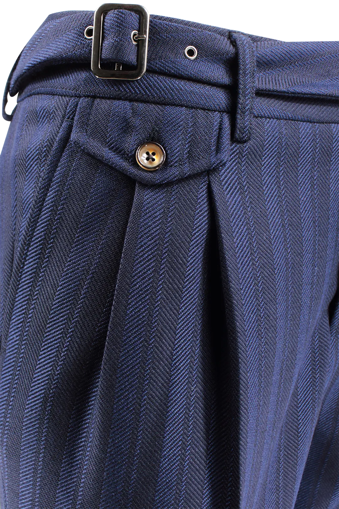 Pantalone con due pinces in lana a righe blu cinta