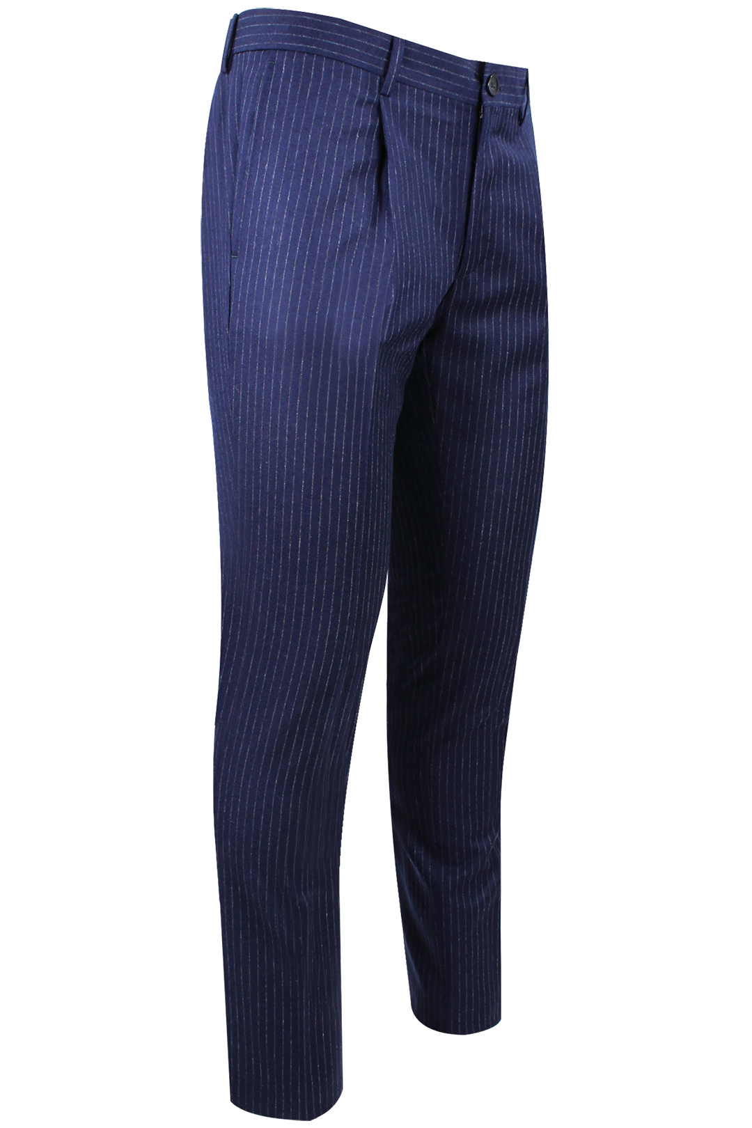 Pantalone con pince in lana blu gessata lato