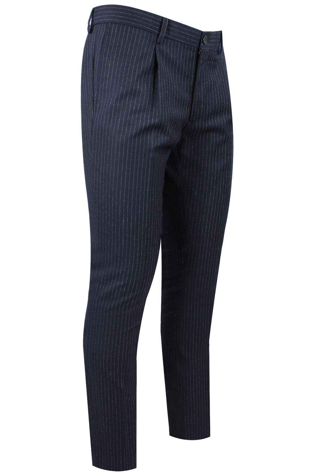 Pantalone con pince in lana blu notte gessata lato