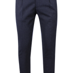 Pantalone con pince in lana blu notte gessata