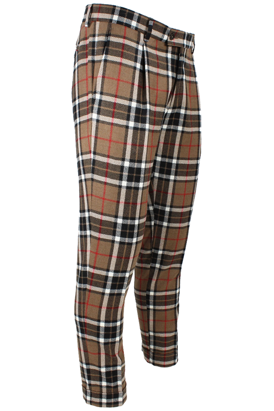 Pantalone una pince in lana tartan cammello lato