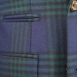 Giacca doppiopetto in lana blu a quadri verde tasca