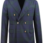 Giacca doppiopetto in lana blu a quadri verde