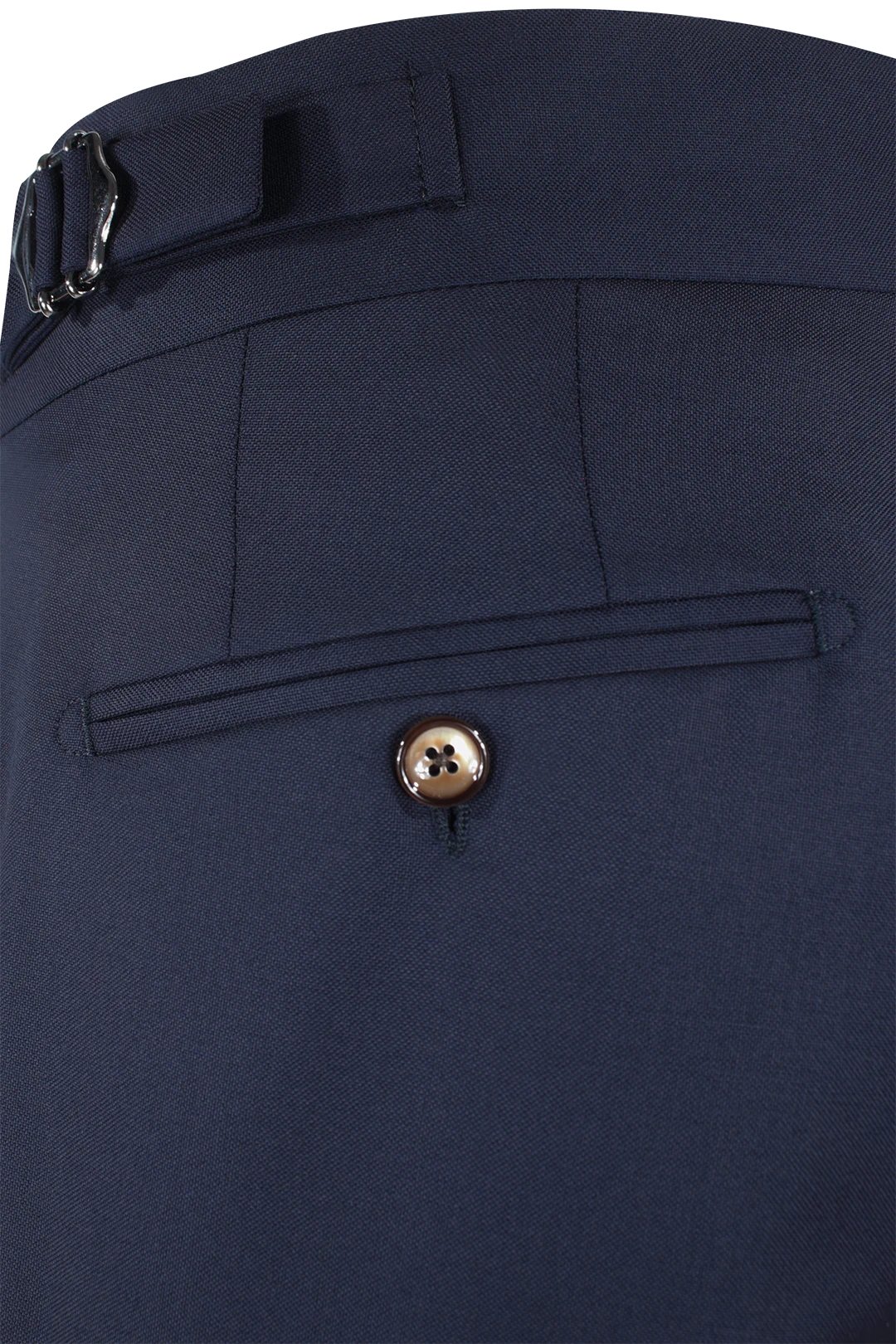 Pantalone con due pince e fibbie laterali in lana blu notte taschino