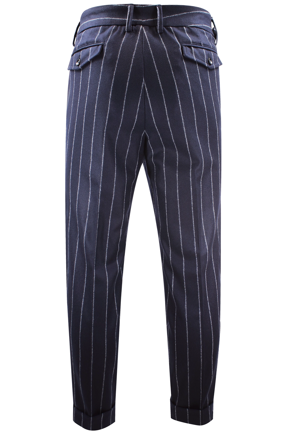 Pantalone con due pinces e cinturino in lana blu gessata retro