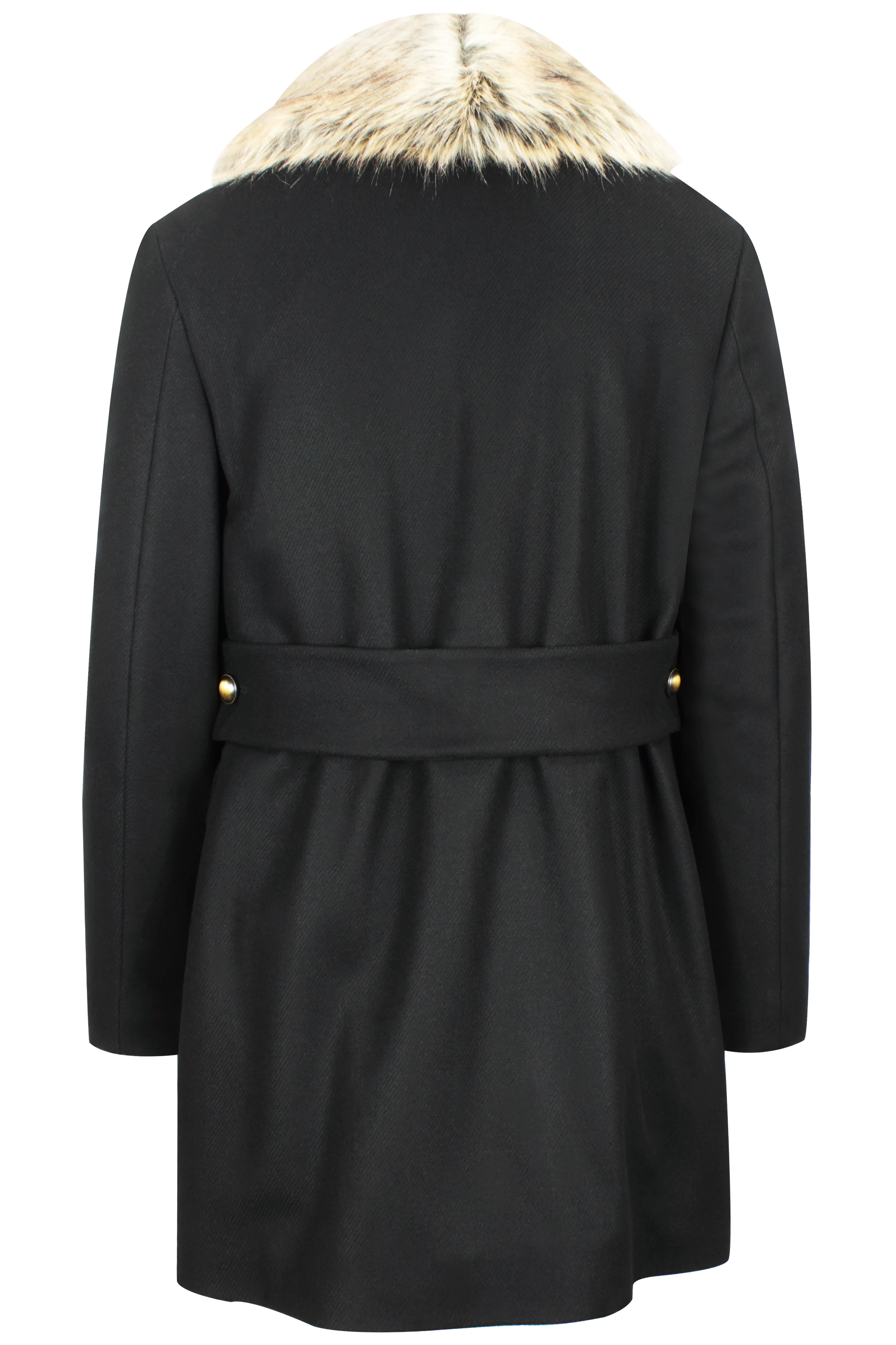 Cappotto doppiopetto con ecopelliccia in lana nera retro