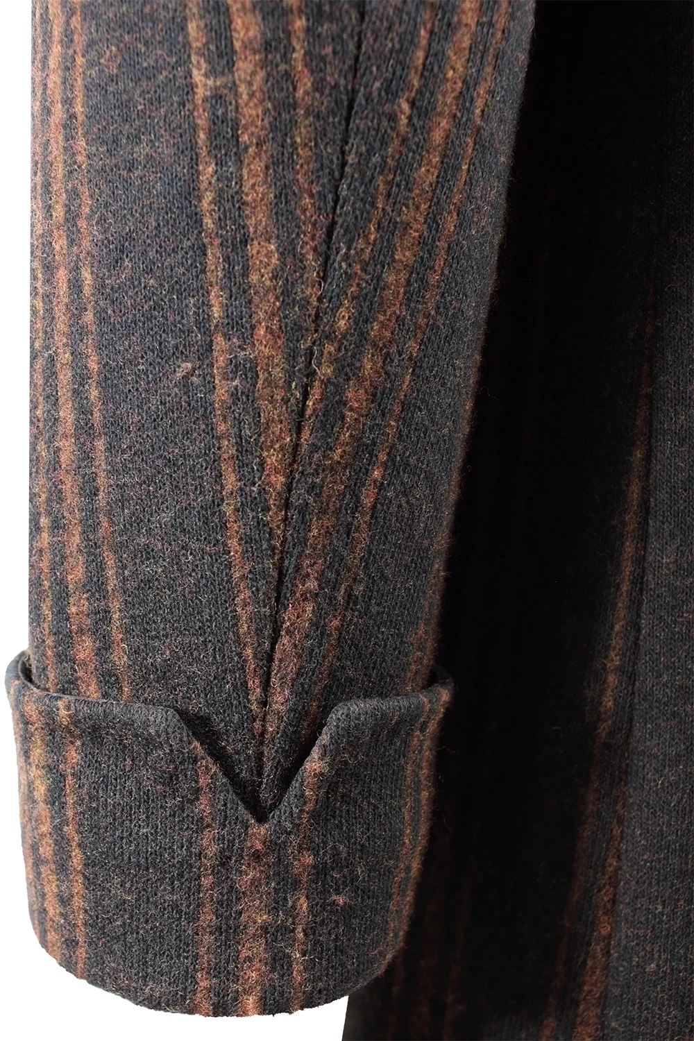 Cappotto in lana nera a righe marroni manica