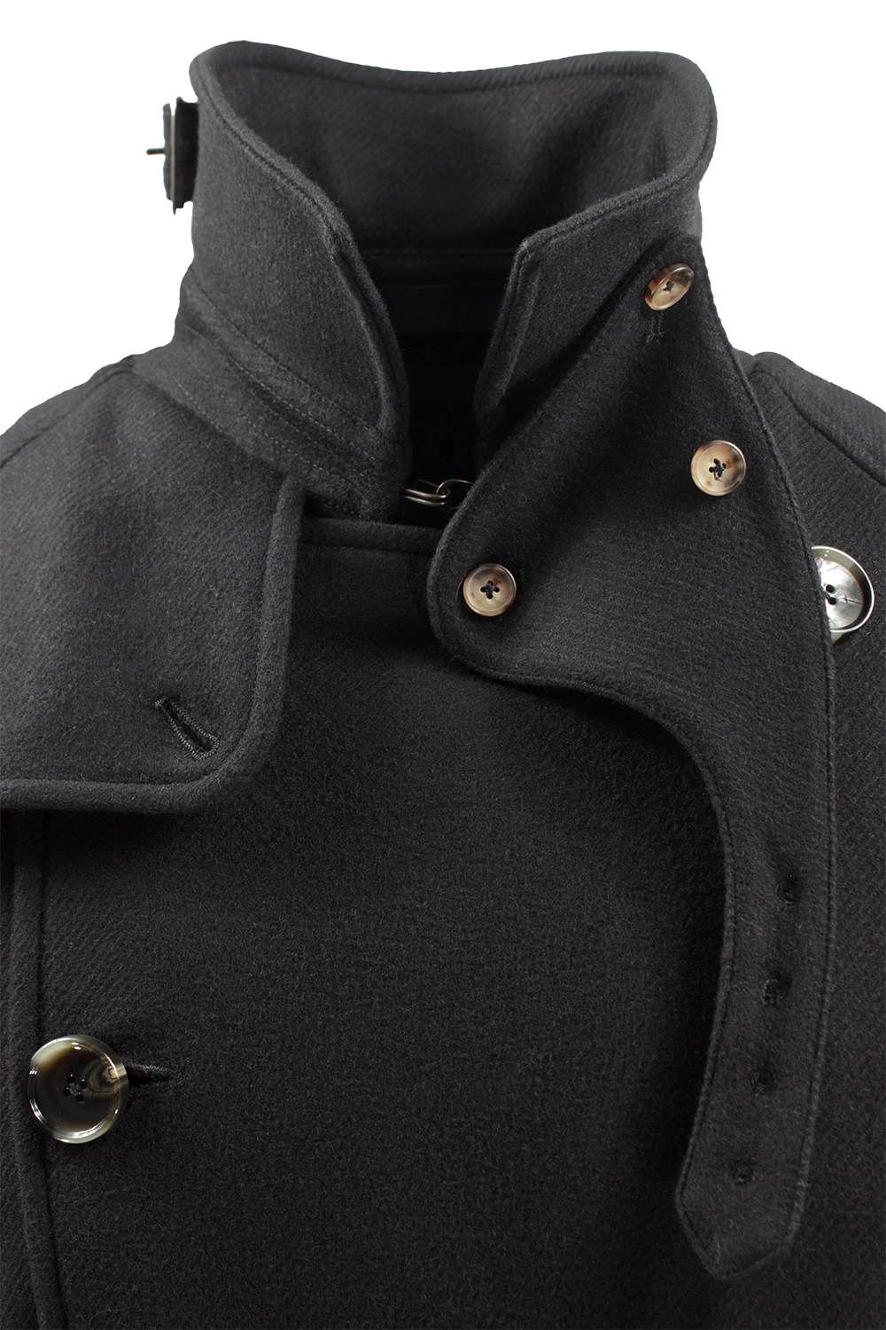 cappotto trench doppiopetto in lana nera collo alto