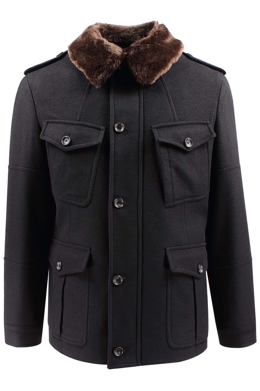 Field jacket lana nera collo ecopelliccia