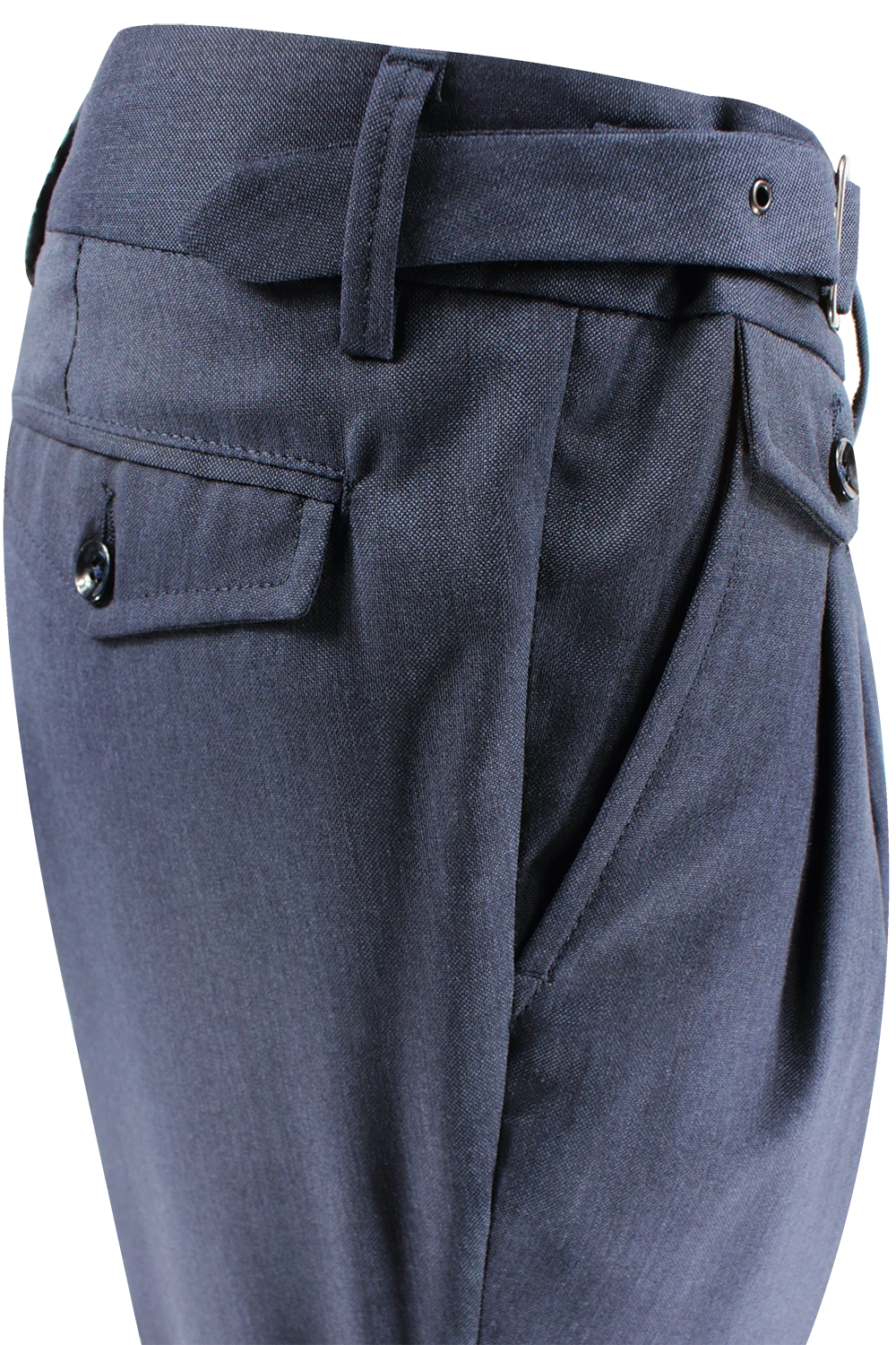 Pantalone con due pinces e cinturino in lana blu lato