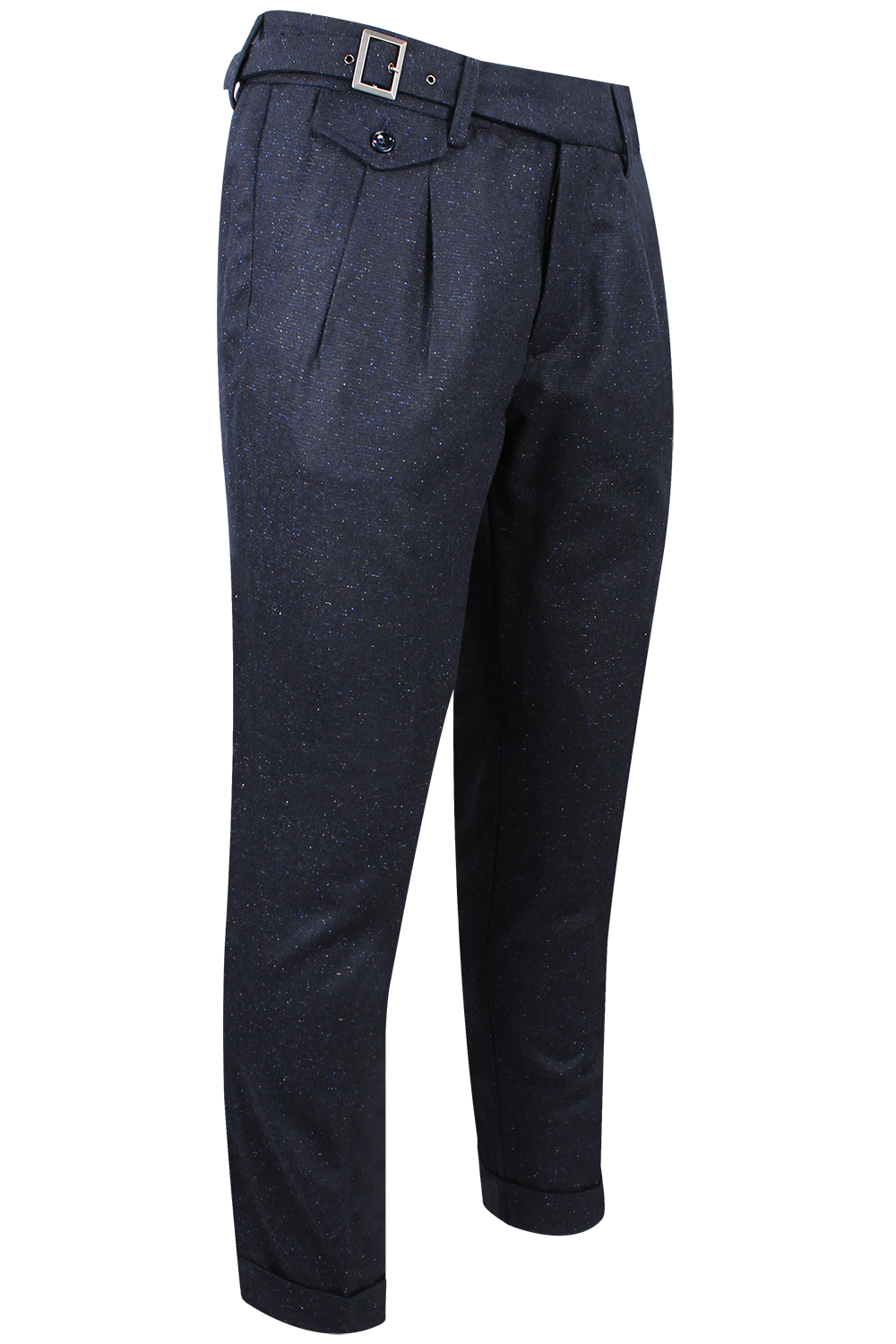 Pantalone con due pinces in lana puntinata blu lato