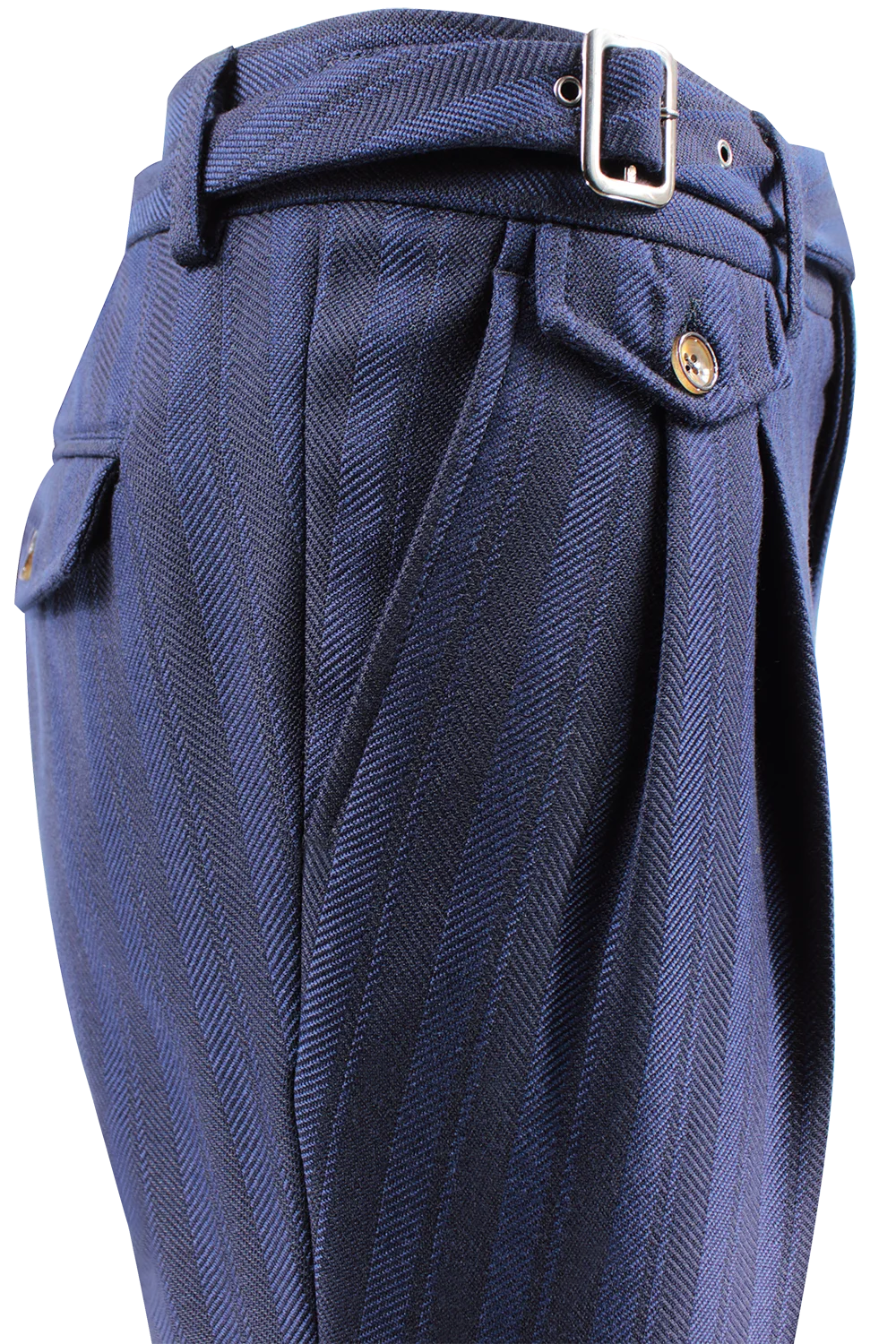 Pantalone con due pinces in lana a righe blu lato