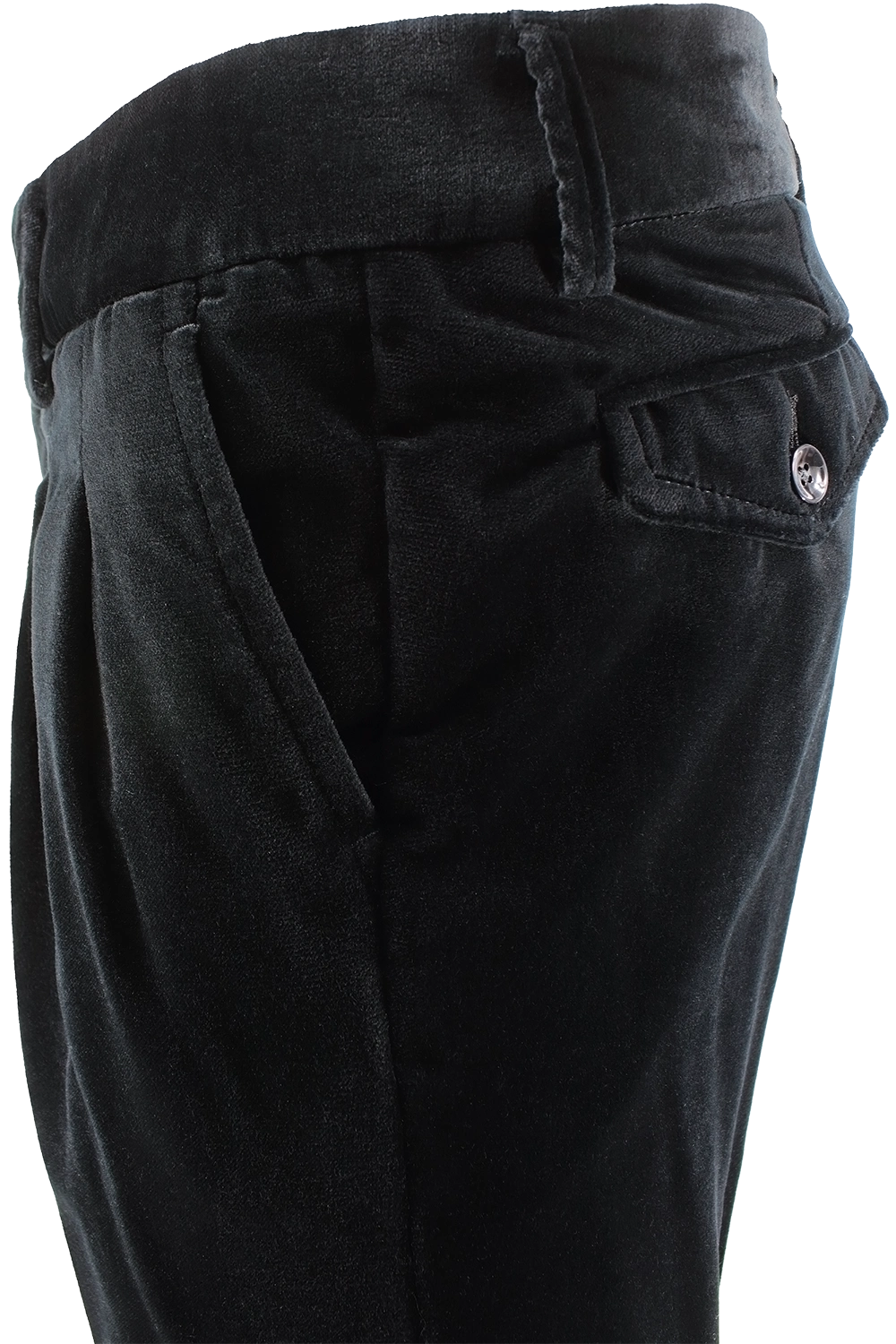 Pantalone con due pinces in velluto liscio nero lato