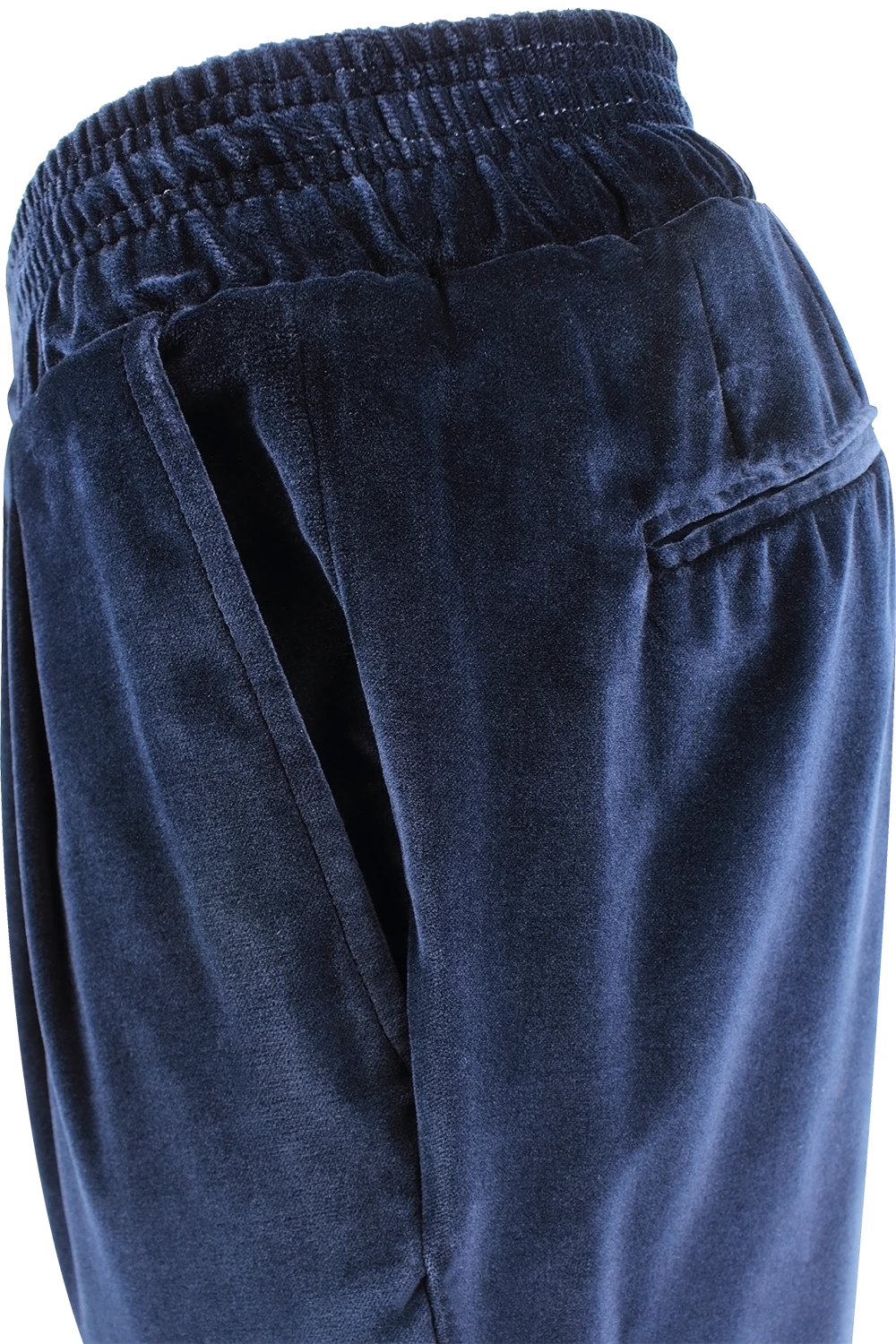 Pantalone con elastico in vita in velluto liscio blu lato